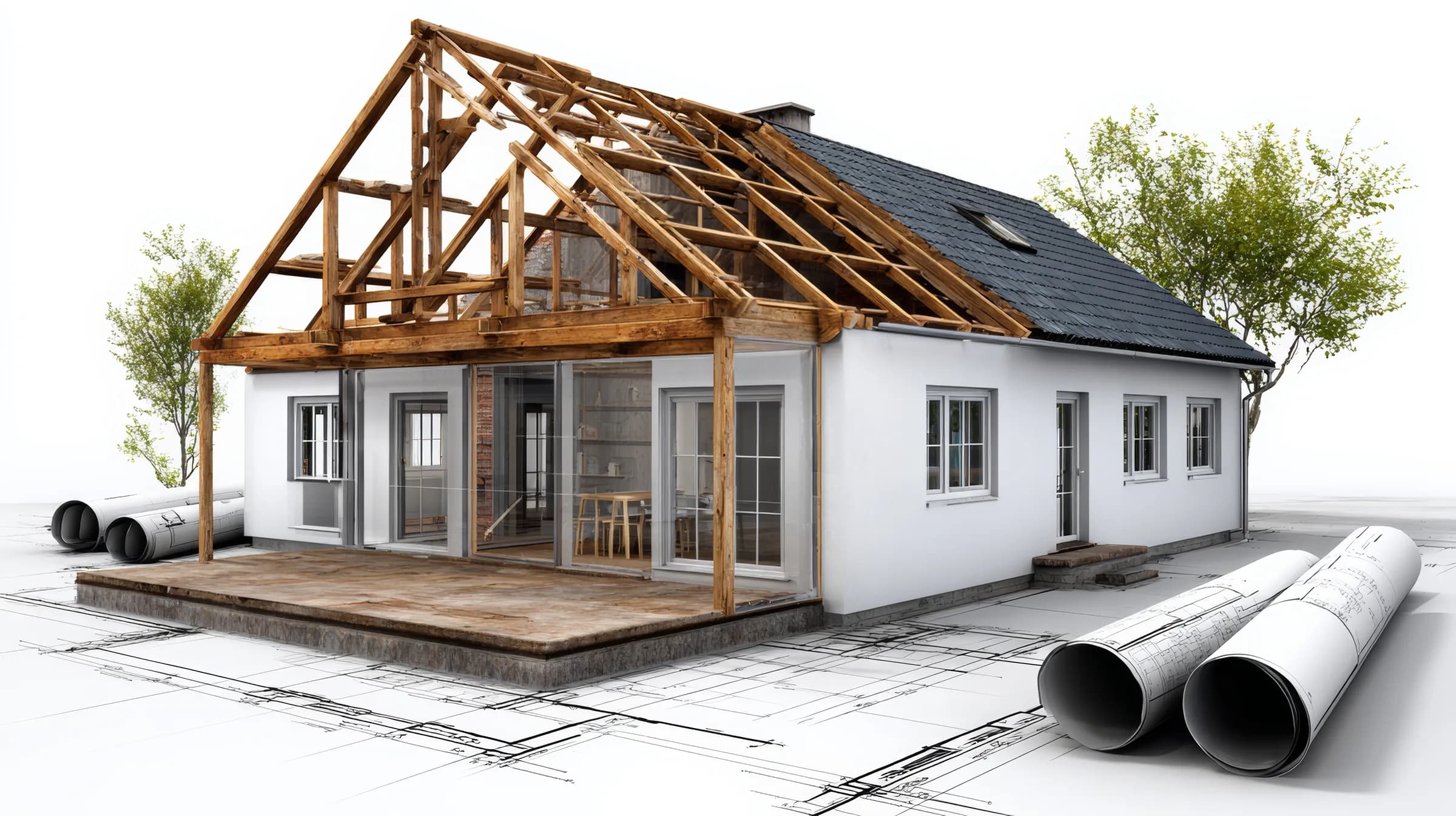 Maquette d'une maison avec charpente apparente, posée sur des croquis techniques